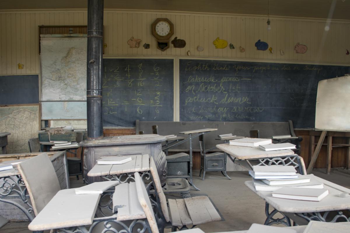 Desks in schoolhouse, Bodie, California